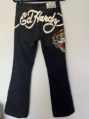 Ed Hardy Tiger Black Slim Flare Jeans Y2K